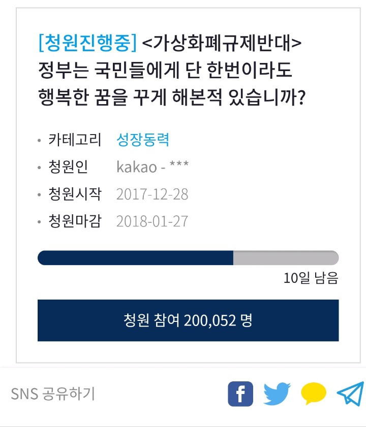 가상화폐규제반대 청와대 국민청원 20만명 돌파 | 인스티즈