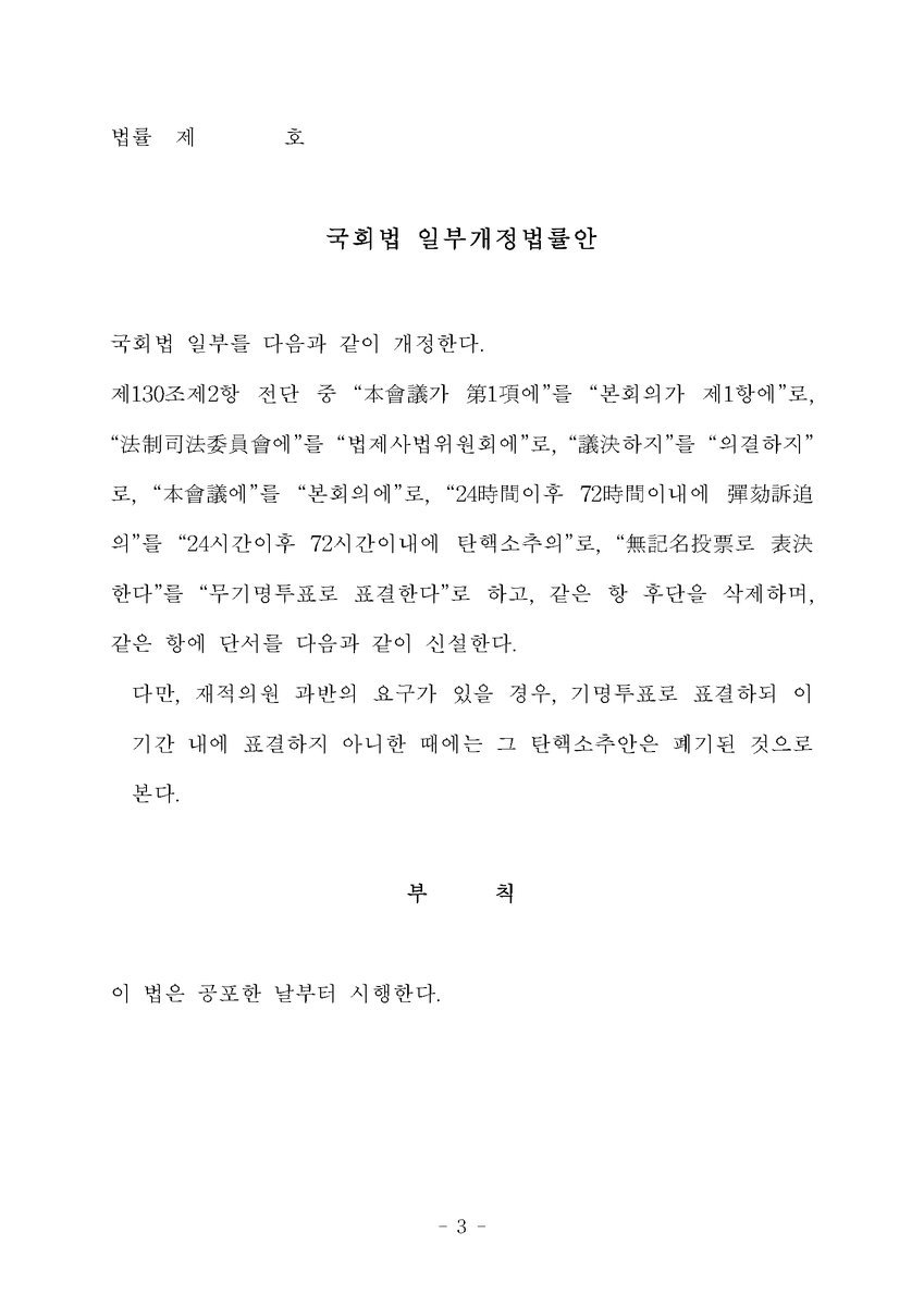 재적의원 과반요구시 탄핵소추를 기명으로 표결하게하는 국회법 일부개정법률안 제출 | 인스티즈