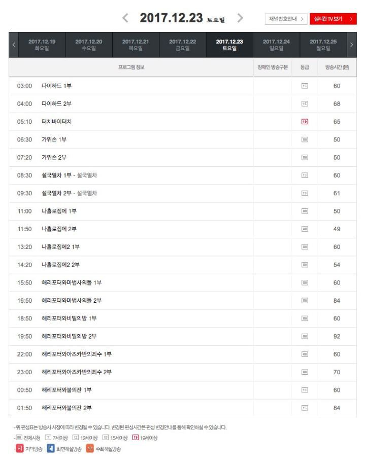 17년도 크리스마스 특선영화 편성표 | 인스티즈