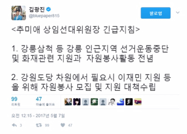 더불어민주당 추미애 상임선대위원장의 강원도 산불관련 당내지침 | 인스티즈