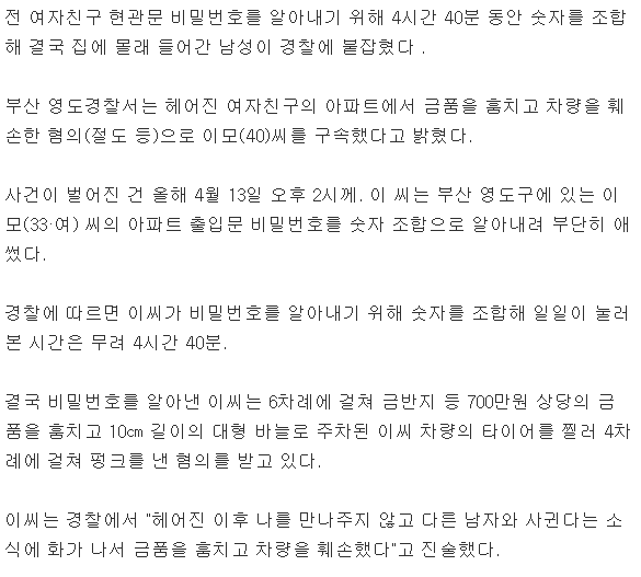 4시간 40분동안 숫자조합으로 전여친 집 비번 알아낸 남성 | 인스티즈