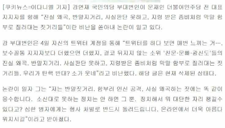 강연재 국민의당 부대변인 “친문·문빠 광신도, 지령받은 좀비처럼 막말” | 인스티즈