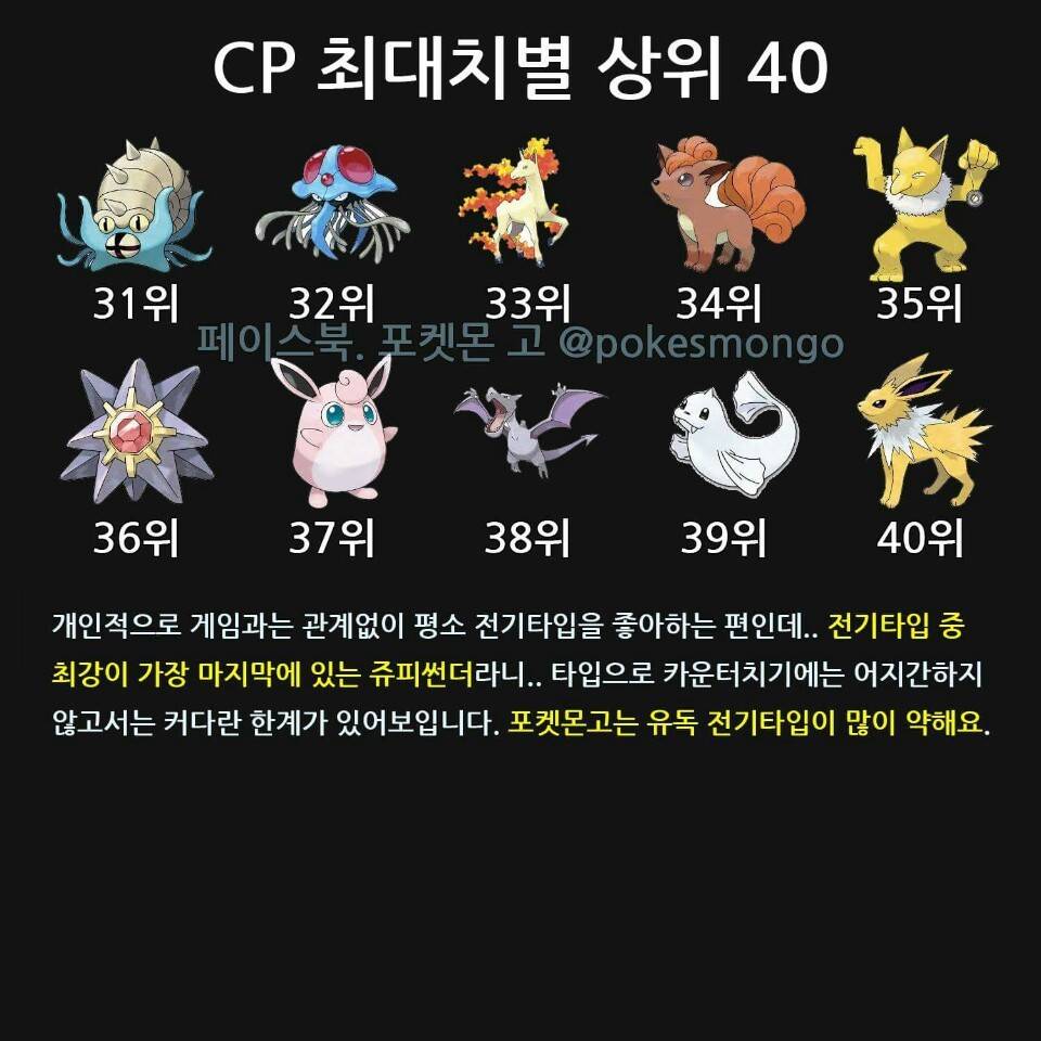 [포켓몬GO] 포켓몬cp top40 | 인스티즈