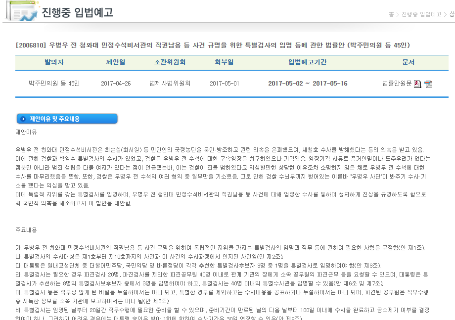 [국회] 우병우 전 청와대 민정수석비서관의 직권남용 등 사건 규명을 위한 특별검사의 임명 등에 관한 법률안 (박주민의원 등 45인) 찬성글 올려보자~! | 인스티즈