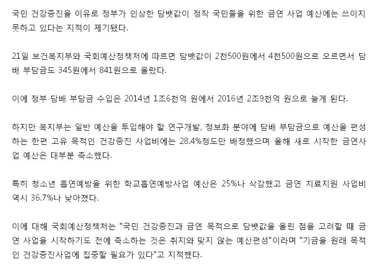 건강증진 위해 담뱃값 올려놓고 금연사업 예산 삭감한 정부 | 인스티즈