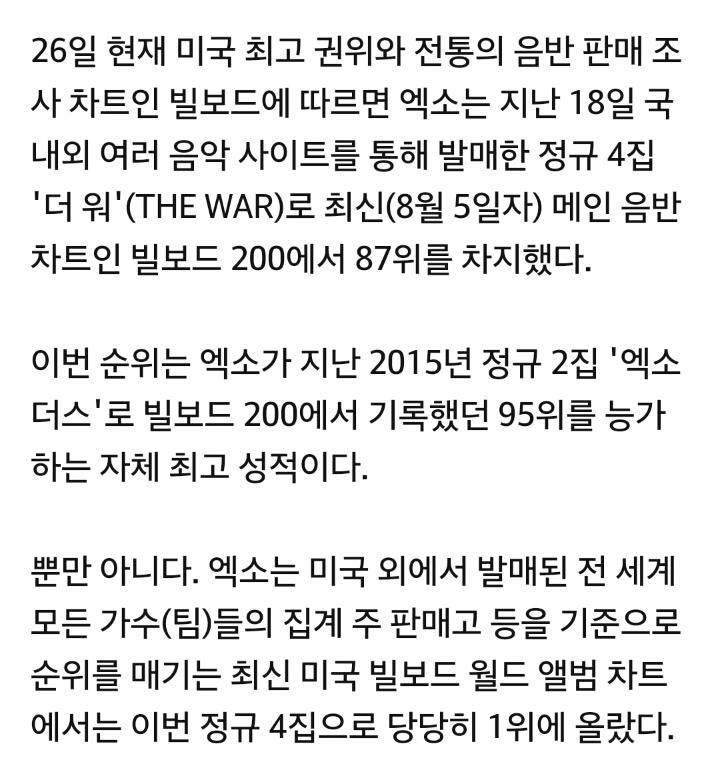 [최초] 엑소, 美빌보드 메인앨범차트 자체 최고 경신+월드앨범 1위 | 인스티즈