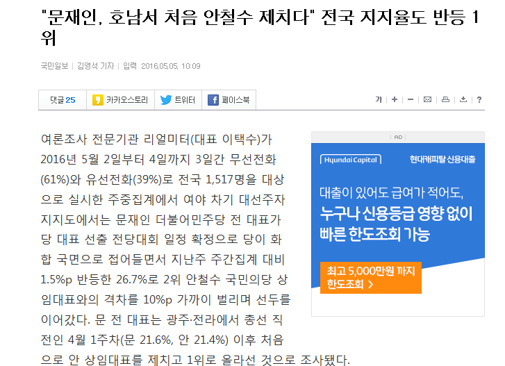 "문재인, 호남서 처음 안철수 제치다"...전국 지지율도 반등 1위 (2위 안대표와 10％ 차이) | 인스티즈