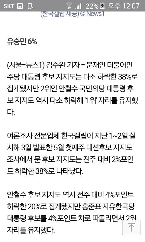 한국갤럽 문 38 안 20 홍 16 심 8 유 6 | 인스티즈