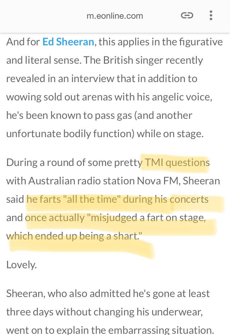 TMI) 에드 시런은 공연하다 실수로 똥방귀 싼적 있다 | 인스티즈