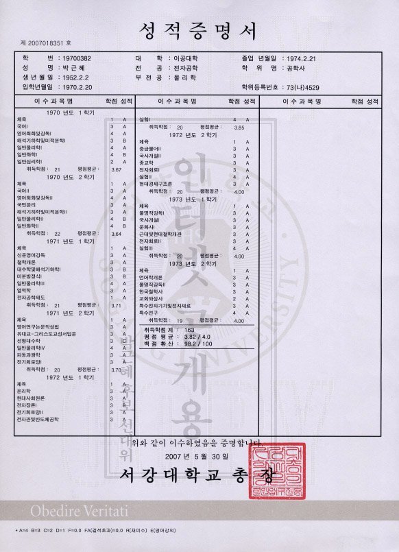 서강대출신 박근혜대통령님의 우수한 성적증명서 | 인스티즈