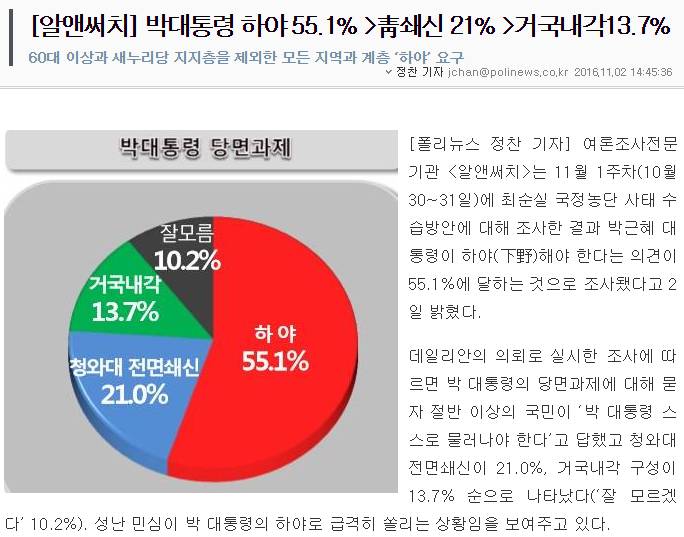[알앤써치] 박대통령 하야 55.1% 靑쇄신 21% 거국내각13.7% | 인스티즈