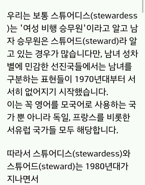 스튜어디스는 성차별적인 단어라 영어권 국가에서 지양하는 표현 | 인스티즈