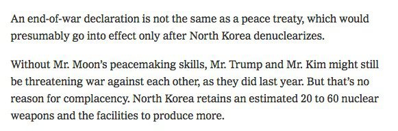  NYTimes 메인 사설: 남한의 지도자, 북으로 향한 문을 열다 | 인스티즈