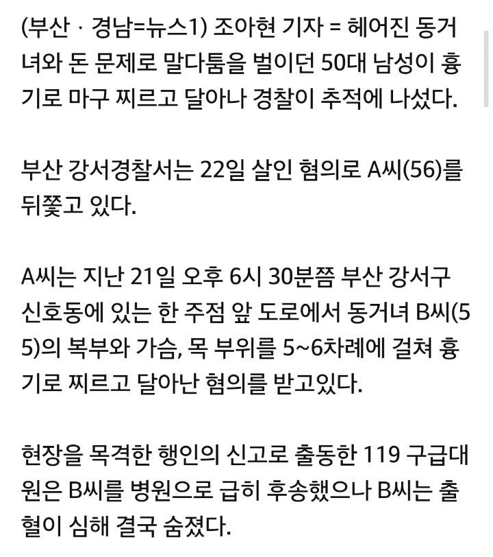 돈문제 다투다 헤어진 동거녀 흉기로 찌르고 도주 | 인스티즈