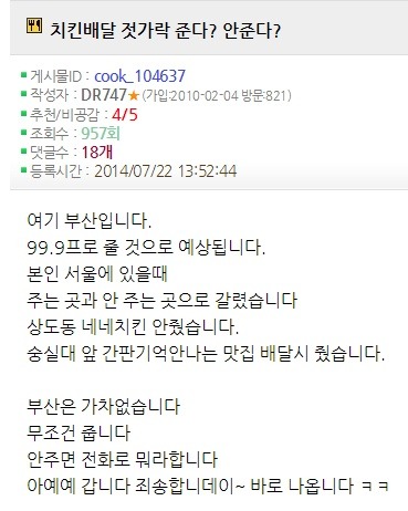 치킨시키면 당연히 젓가락 온다 vs 안온다 | 인스티즈