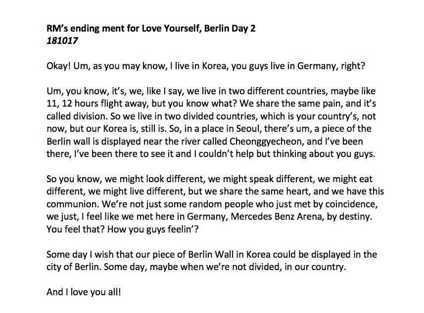 방탄소년단 리더 RM이 오늘 독일 베를린 콘서트에서 한 발언.. | 인스티즈