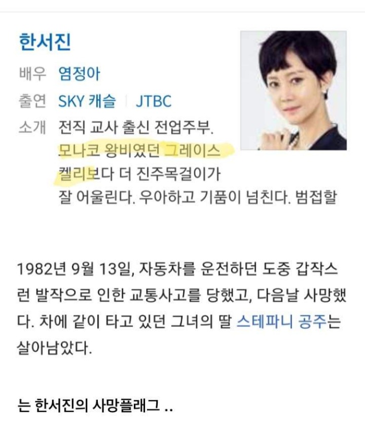 스카이캐슬 한서진 인물 소개에 나온 그레이스 켈리 ㅎㄷㄷ.jpg | 인스티즈