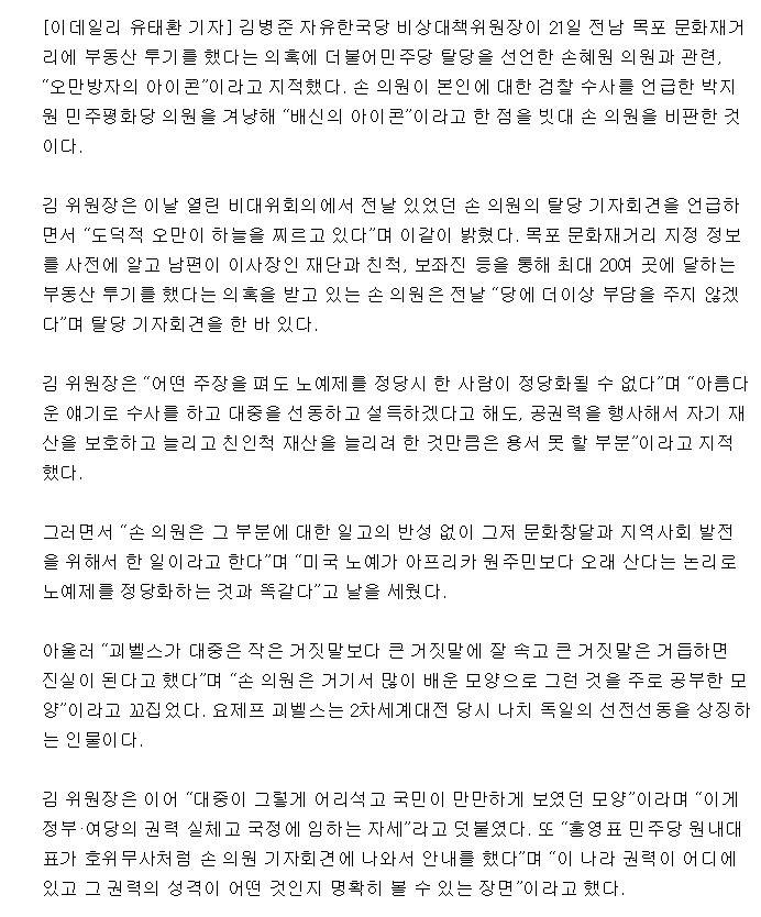 김병준"손혜원, 오만방자의 아이콘…국민이 만만한 모양" | 인스티즈