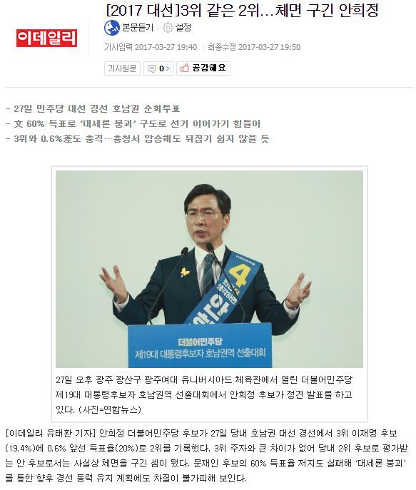 [2017대선] 3위 같은 2위...체면 구긴 안희정 | 인스티즈