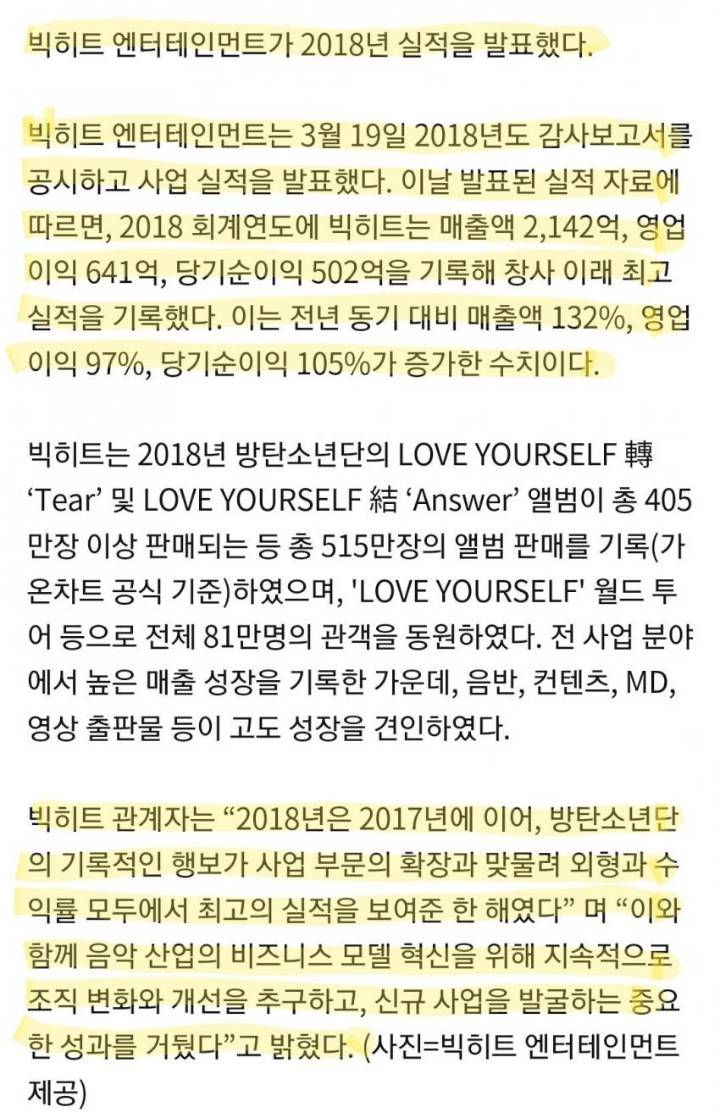 SM JYP YG 빅히트 작년 실적 비교 | 인스티즈