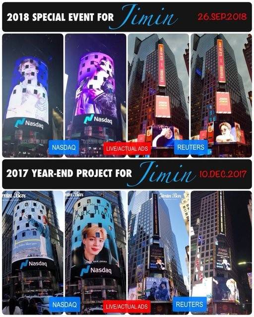 뉴욕 타임스퀘어 나스닥 스크린에 걸린 방탄소년단 지민 광고 | 인스티즈