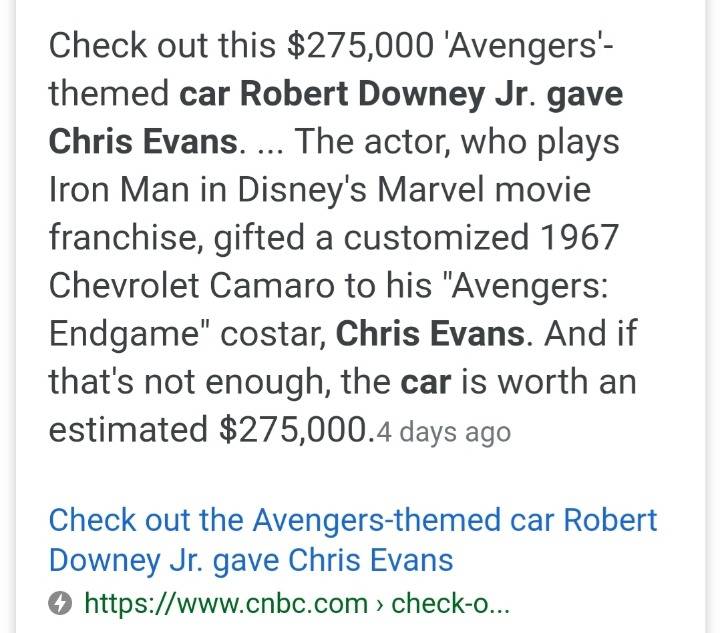 로다주(아이언맨)가 크리스 에반스(캡틴 아메리카)한테 선물로 준 차 가격 | 인스티즈