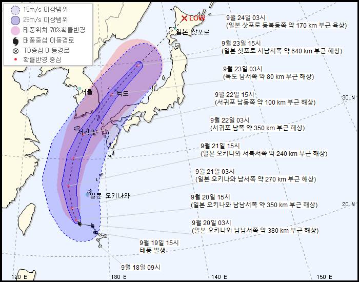 제 17호 태풍 타파 예상 진로...한국, 미국, 일본 - 부산-대마도 사이 통과 + 최대풍속 초속 20m/s, 순간최대풍속 30m/s (9.20 04:00) | 인스티즈