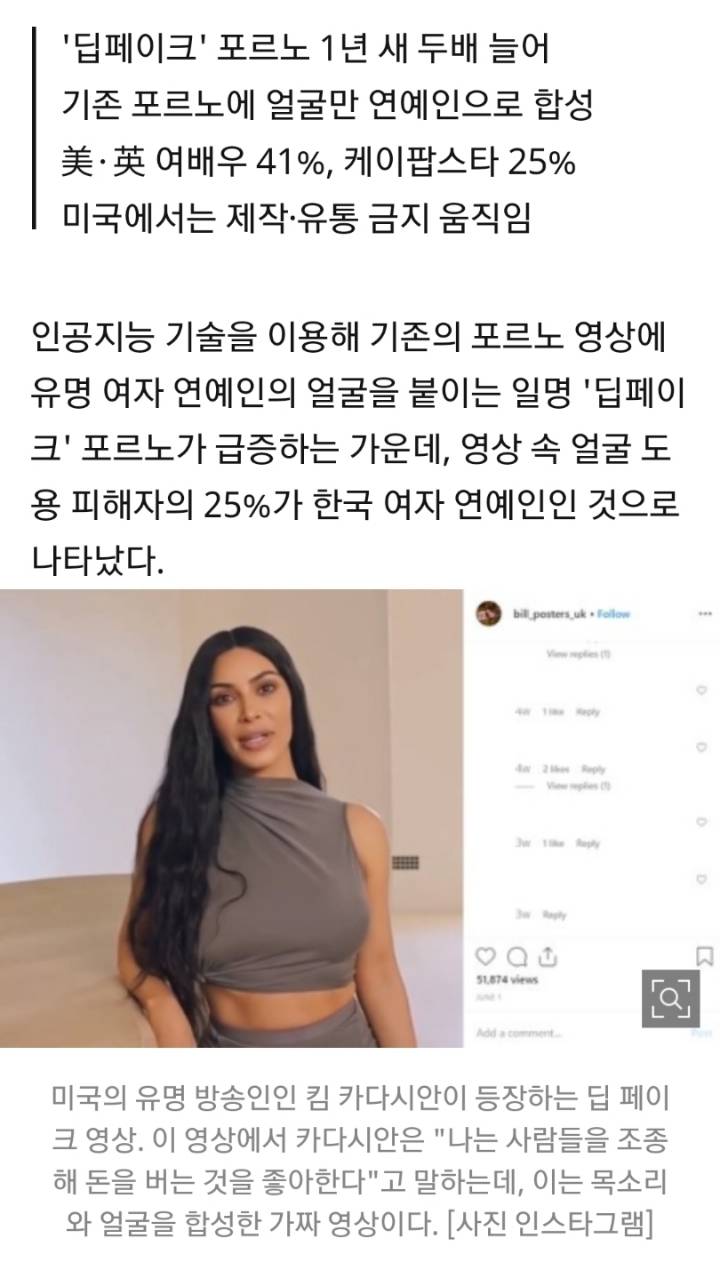 인공지능 포르노 '딥페이크'... 피해자 25％가 한국 女연예인 | 인스티즈