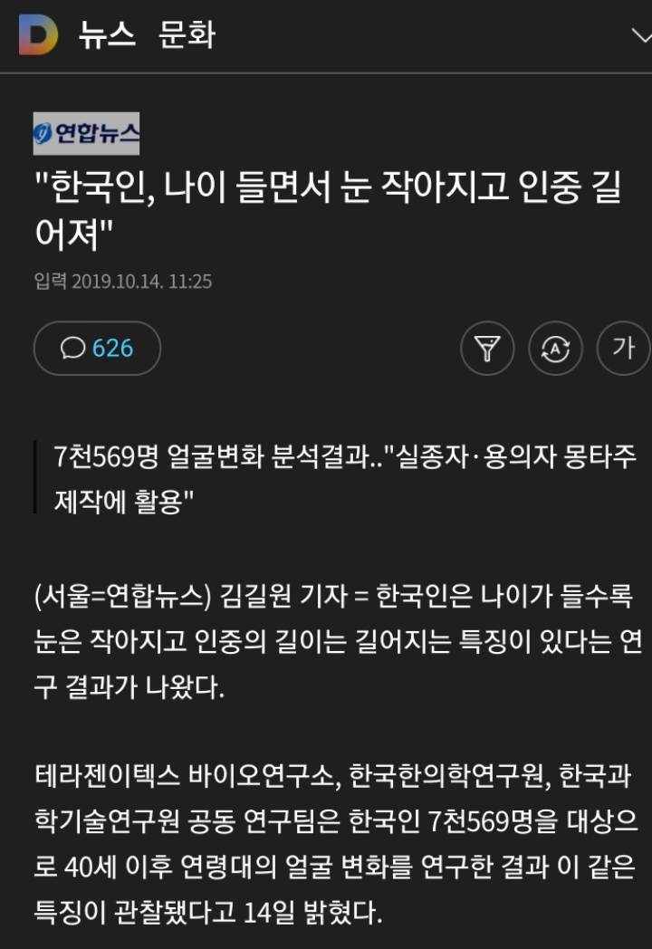"한국인, 나이 들면서 눈 작아지고 인중 길어져" | 인스티즈