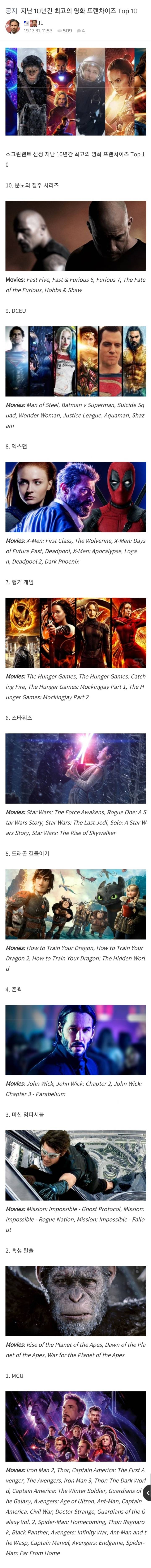 2010년대 최고의 영화 프랜차이즈 Top10 | 인스티즈
