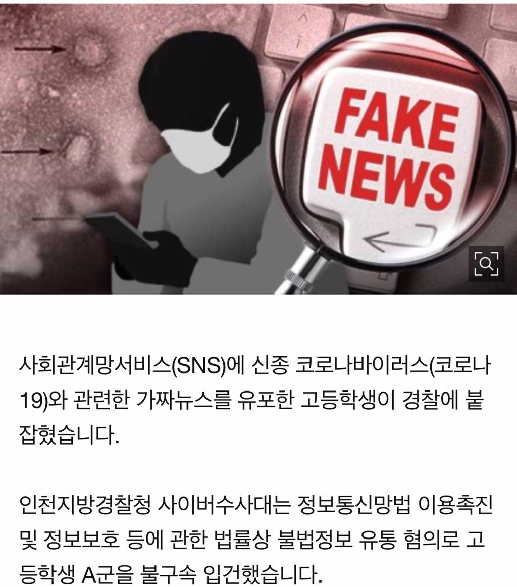 SNS에 코로나19 가짜뉴스 올린 고교생 붙잡혀 | 인스티즈