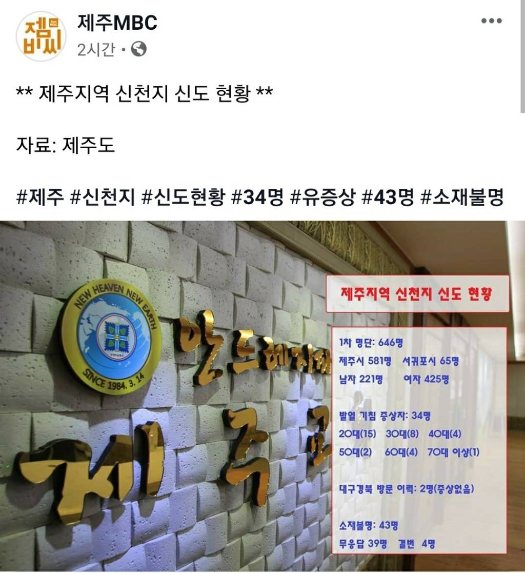 제주도 지역 신천지 신도 현황.jpg | 인스티즈