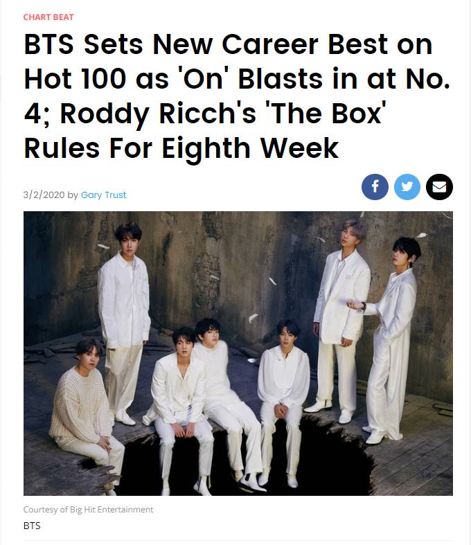 빌보드피셜 - 방탄소년단 'ON' HOT100 4위 진입 | 인스티즈