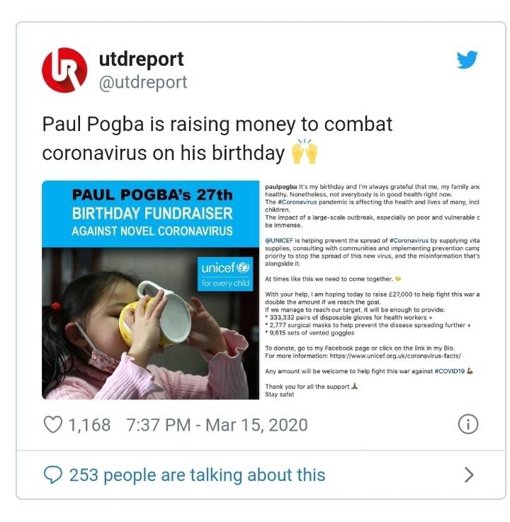 포그바는 자기 생일에 코로나 바이러스 퇴치를 위해 기부금을 모으는중 | 인스티즈