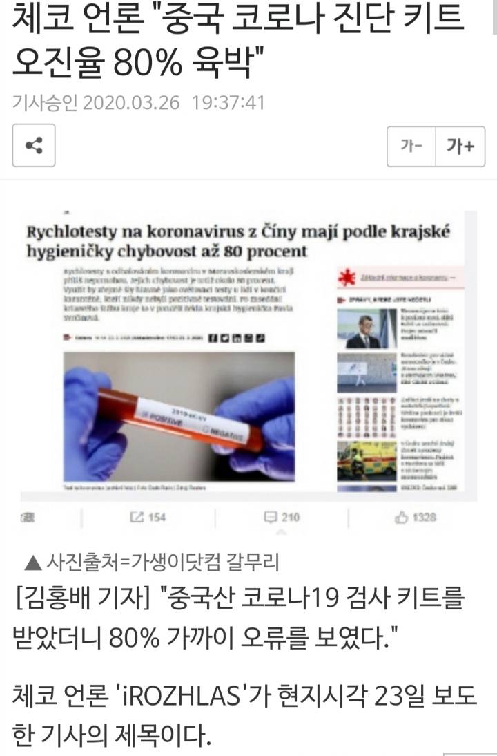 체코 언론"중국 코로나 진단 키트 오진율 80% 육박" | 인스티즈