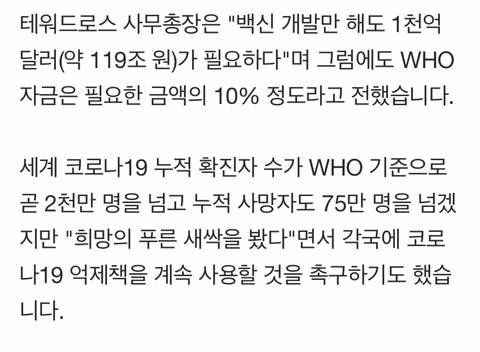 WHO(건강동아리) "코로나19 대응 필요 자금의 10% 정도 밖에 없어...” | 인스티즈