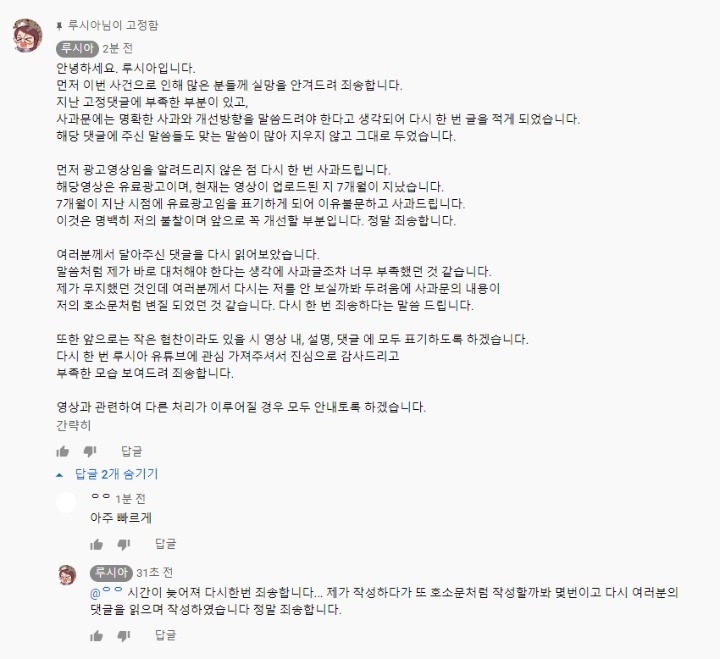 뒷광고관련 스트리머 루시아 사과문 | 인스티즈
