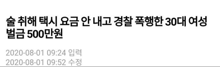 술 취해 택시 요금 안 내고 경찰 폭행한 30대 여성 벌금 500만원 | 인스티즈