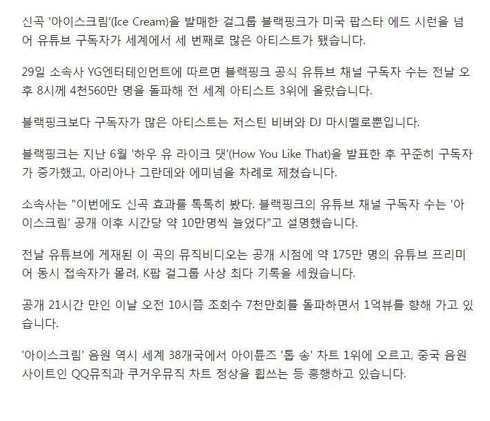 블랙핑크, 유튜브 구독자 세계 3위 아티스트 등극 | 인스티즈