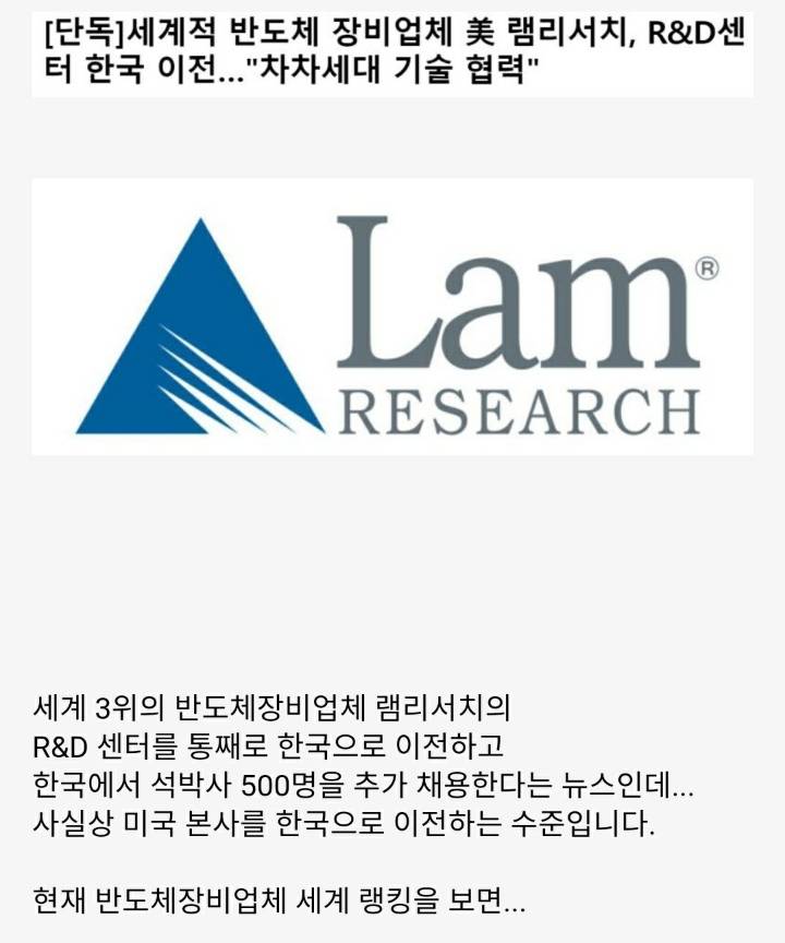 세계적 반도체 장비업체 미 램리서치 반도체 r&amp;d센터 한국으로 이전 | 인스티즈