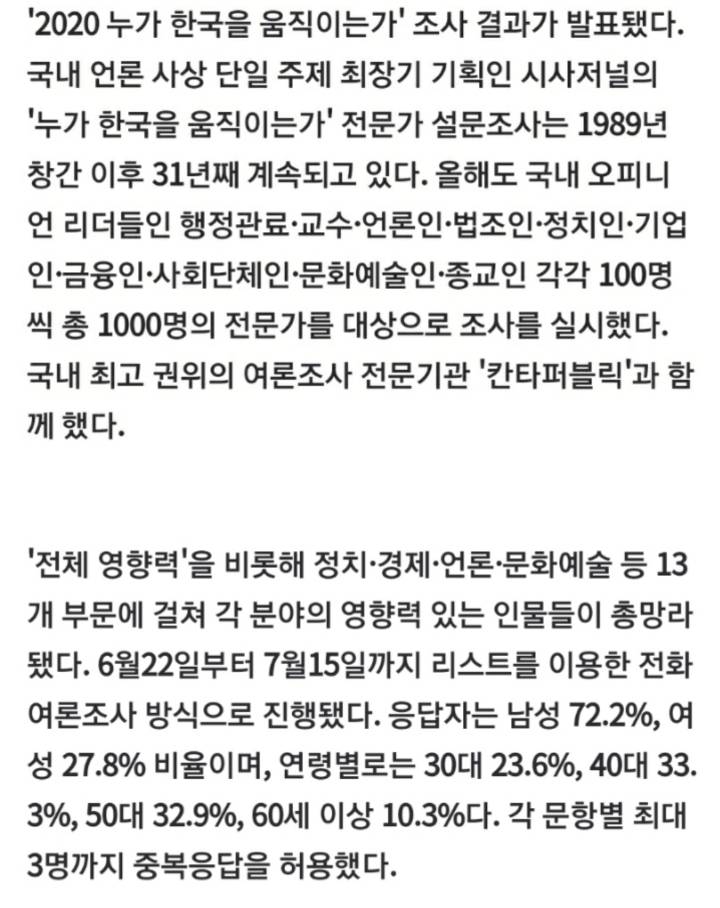 시사저널 조사 2020년 가장 영향력 있는 방송.연예계 인물 유재석 | 인스티즈