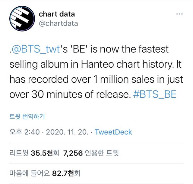 방탄소년단 BE 한터 역사상 가장 빠르게 팔리고 있는 앨범 등극 | 인스티즈