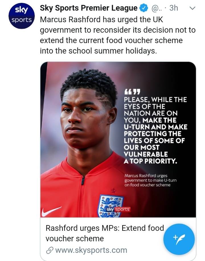 [스카이스포츠] 학교 여름 휴가에 음식 바우처 계획을 연장하지 않기로 한 결정을 재고려 해줄 것을 영국 정부에게 촉구한 마르커스 래쉬포드 | 인스티즈