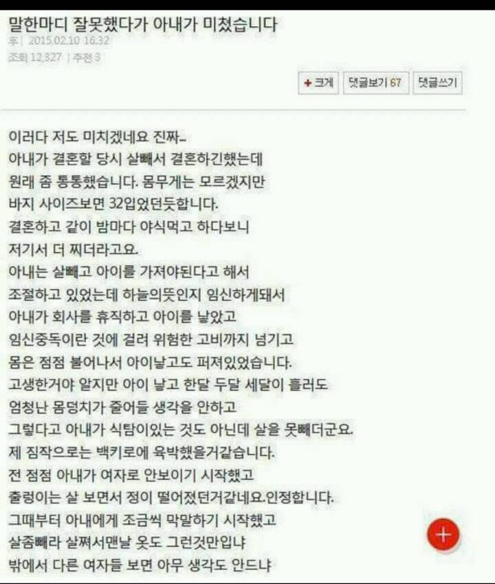 말한마디 잘못했다가 아내가 미쳤습니다. jpg | 인스티즈