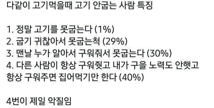 다같이 고기먹을때 고기안굽는사람 특징 | 인스티즈