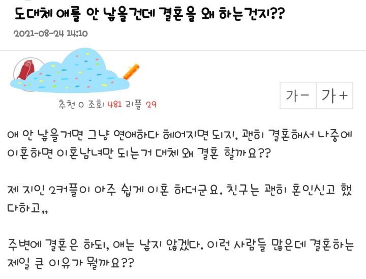 도대체 애를 안 낳을건데 결혼을 왜 하는건지?? | 인스티즈