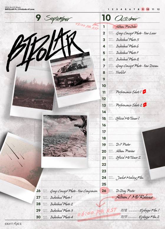 그룹 EPEX(이펙스)가 공개한 번째 EP 'Bipolar(양극성) Pt.2 사랑의 서' 프로모션 타임테이블 이미지./사진제공=C9엔터테인먼트