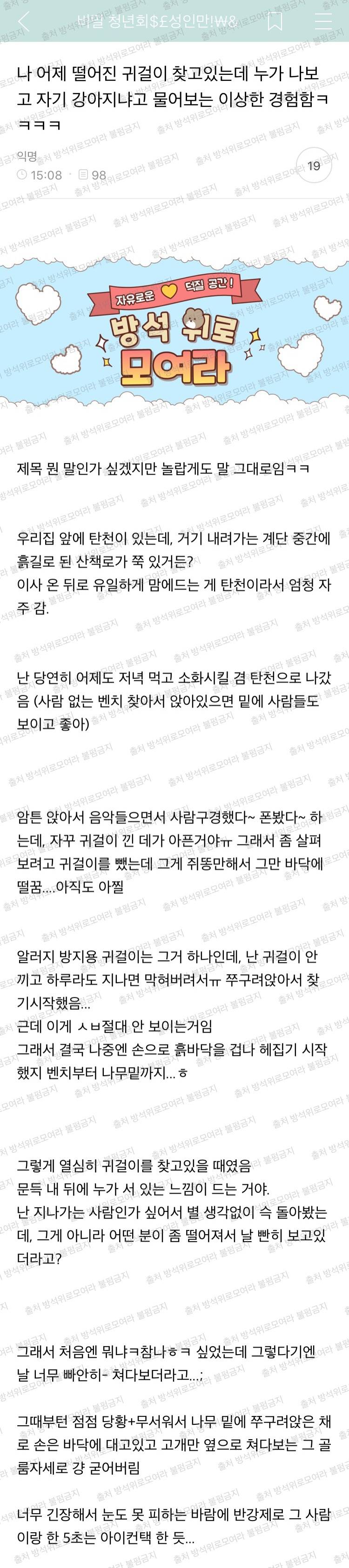 [방웃] 나 어제 떨어진 귀걸이 찾고있는데 누가 나보고 자기 강아지냐고 물어보는 이상한 경험함ㅋㅋㅋㅋ+귀걸이 결말 추가 | 인스티즈