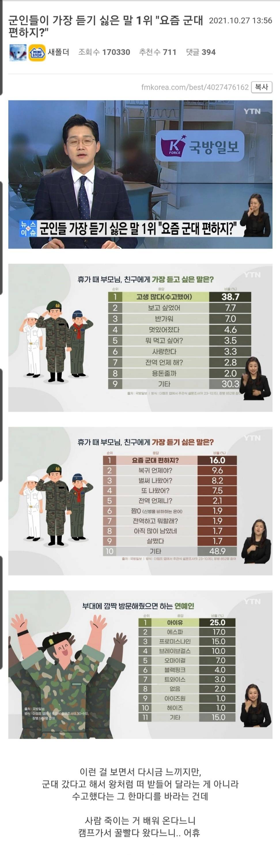 군인들이 가장 듣기 싫은 말 1위"요즘 군대 편하지?" | 인스티즈