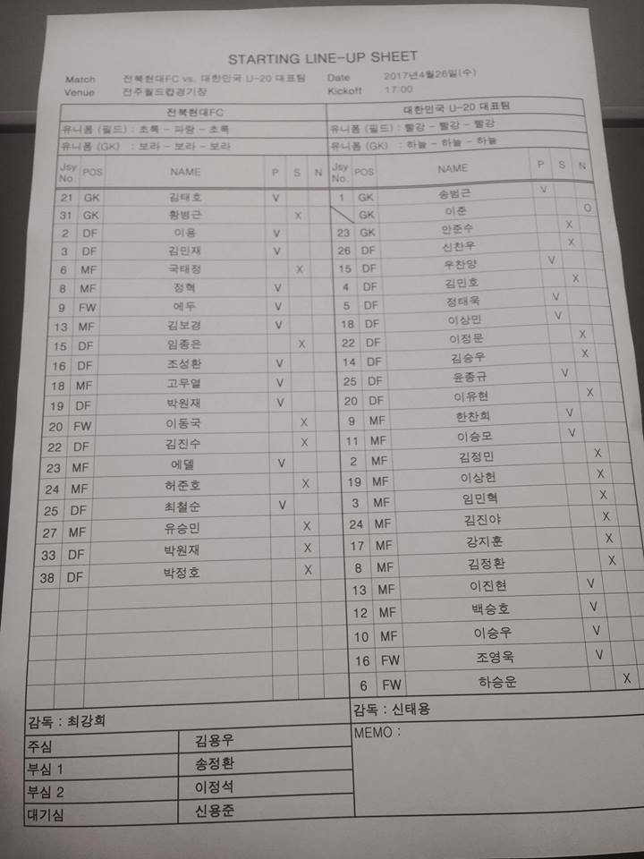 전북현대 vs U20 선발 라인업&#65308;이승우, 백승호 선발&#65310; | 인스티즈